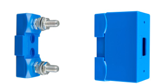 Two blue plastic components with metal bolts on a white background