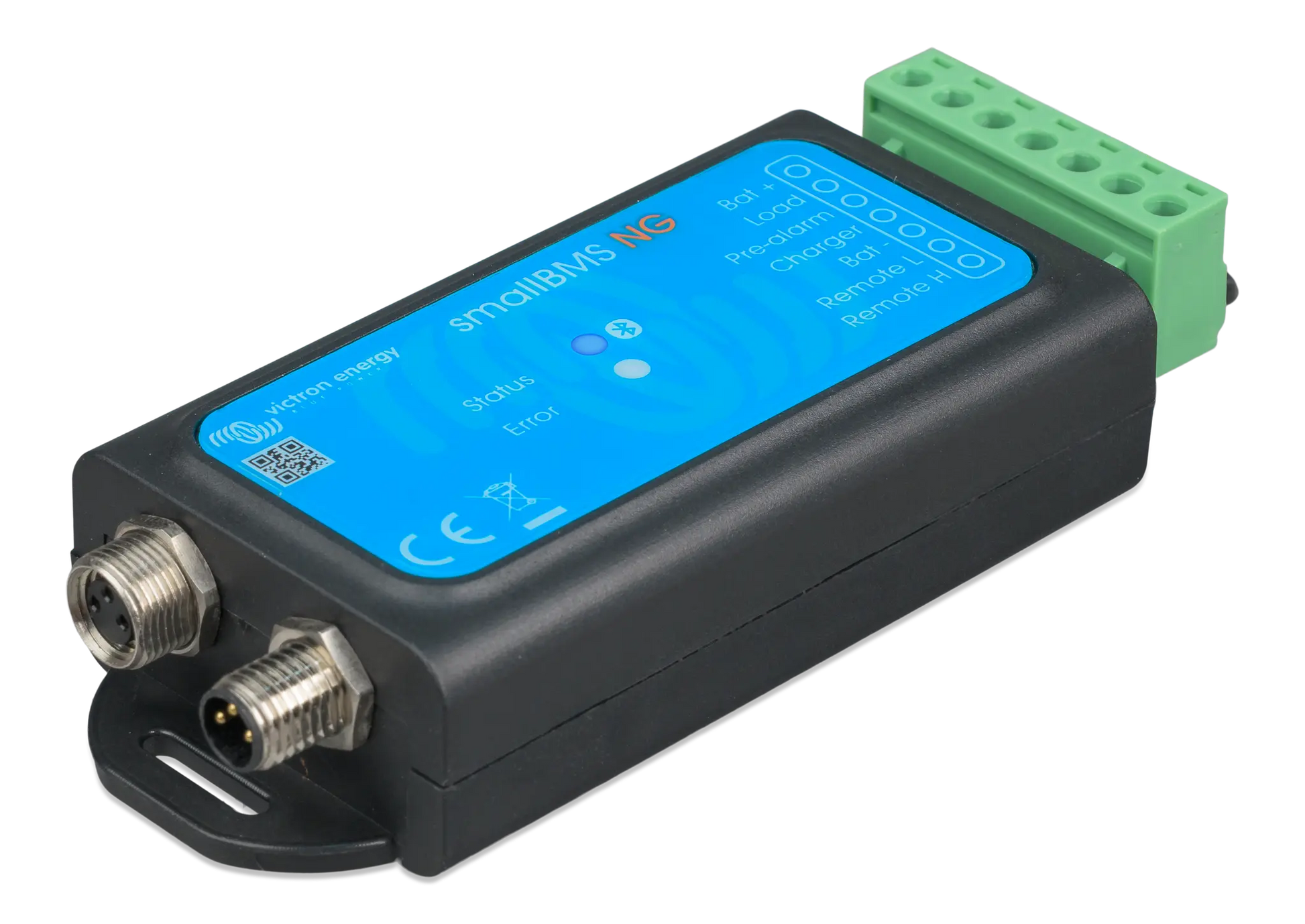 Electronic module with blue display and green connector on a white background