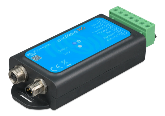 Electronic module with blue display and green connector on a white background