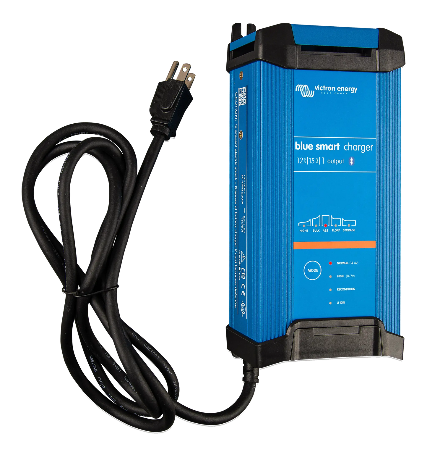 Blue smart charger with power cord on a white background