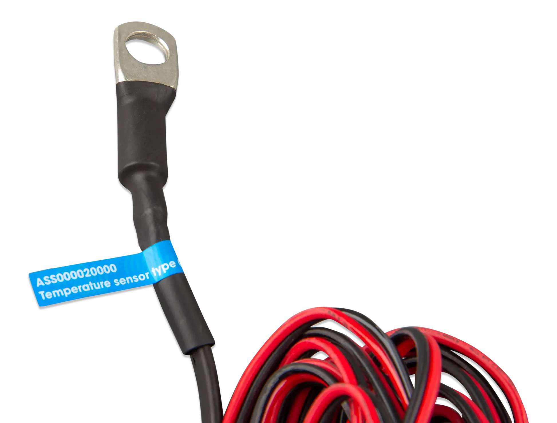 Temperature sensor cable with red and black wires on a white background