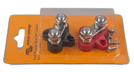 Two battery terminals with a red clip on a clear plastic card with orange backing, featuring 'Victron Energy' branding.