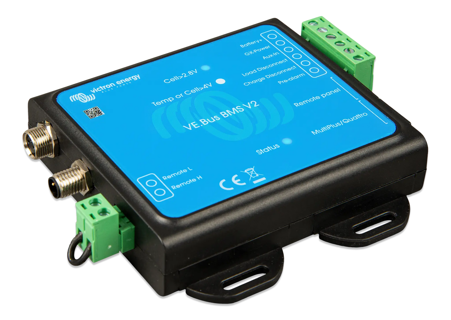 Battery management system with blue display and green connectors on a white background