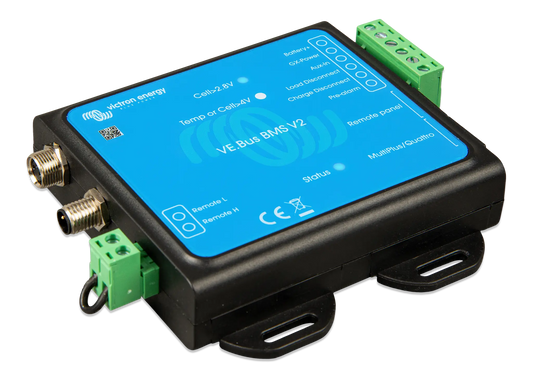 Battery management system with blue display and green connectors on a white background