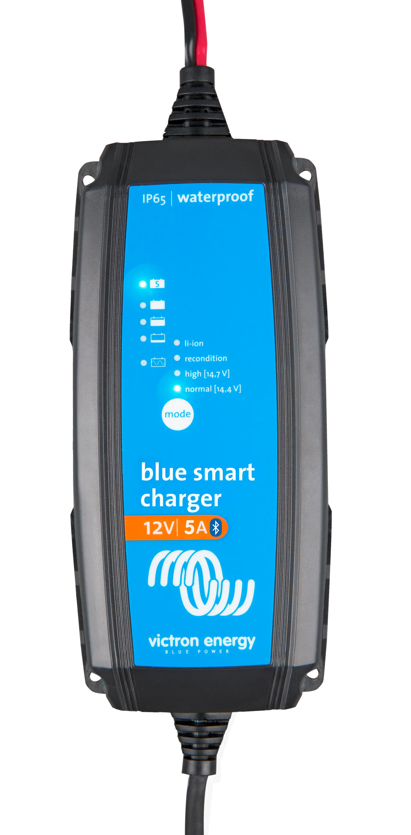 Blue smart charger with Victron Energy branding on a white background