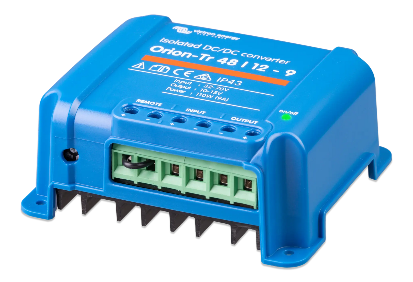 Blue DC/DC converter with visible branding on a white background