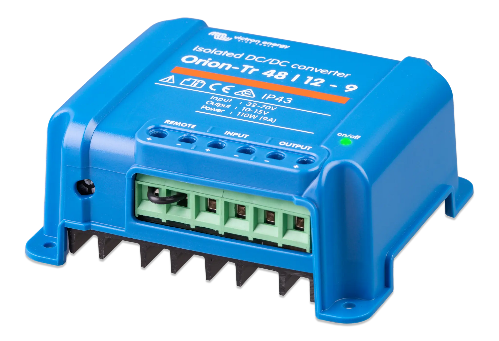 Blue DC/DC converter with visible branding on a white background