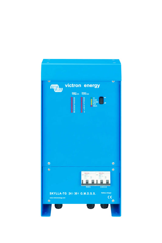 Blue Victron Energy power station on a white background