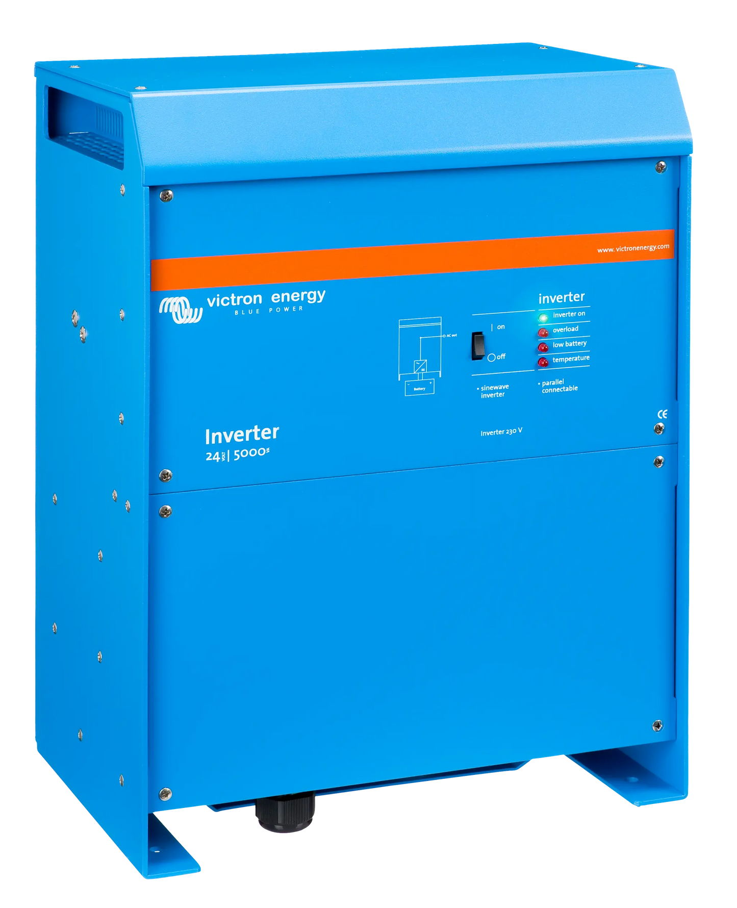 Blue Victron Energy inverter on a white background
