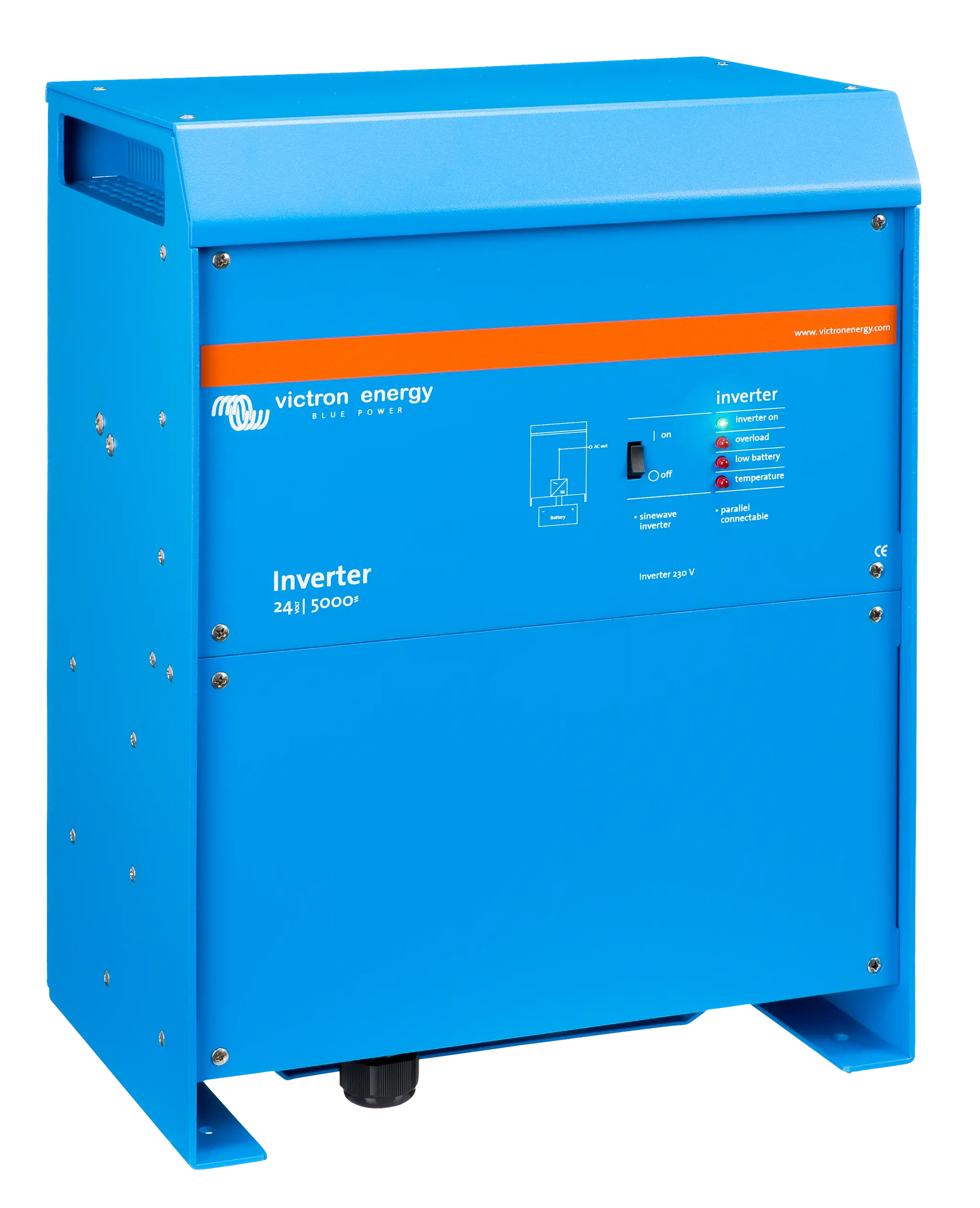 Blue Victron Energy inverter on a white background