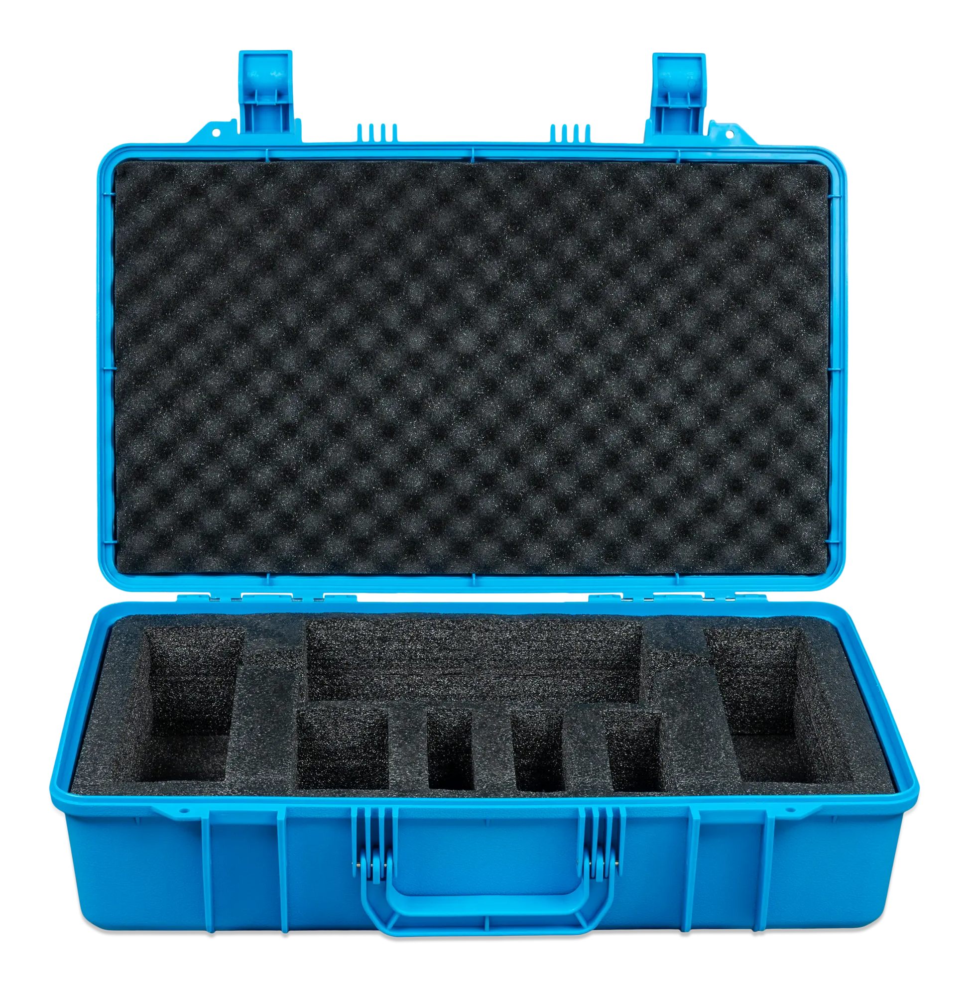 Blue hard-shell case with black foam interior on a white background