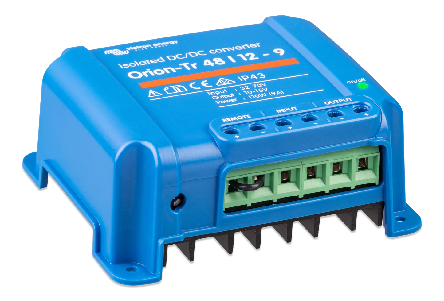 Blue DC/DC converter with visible branding on a white background