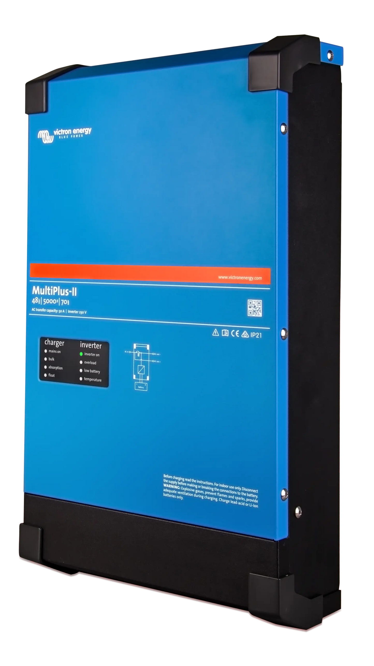 Blue and black power converter with Victron Energy branding on a white background