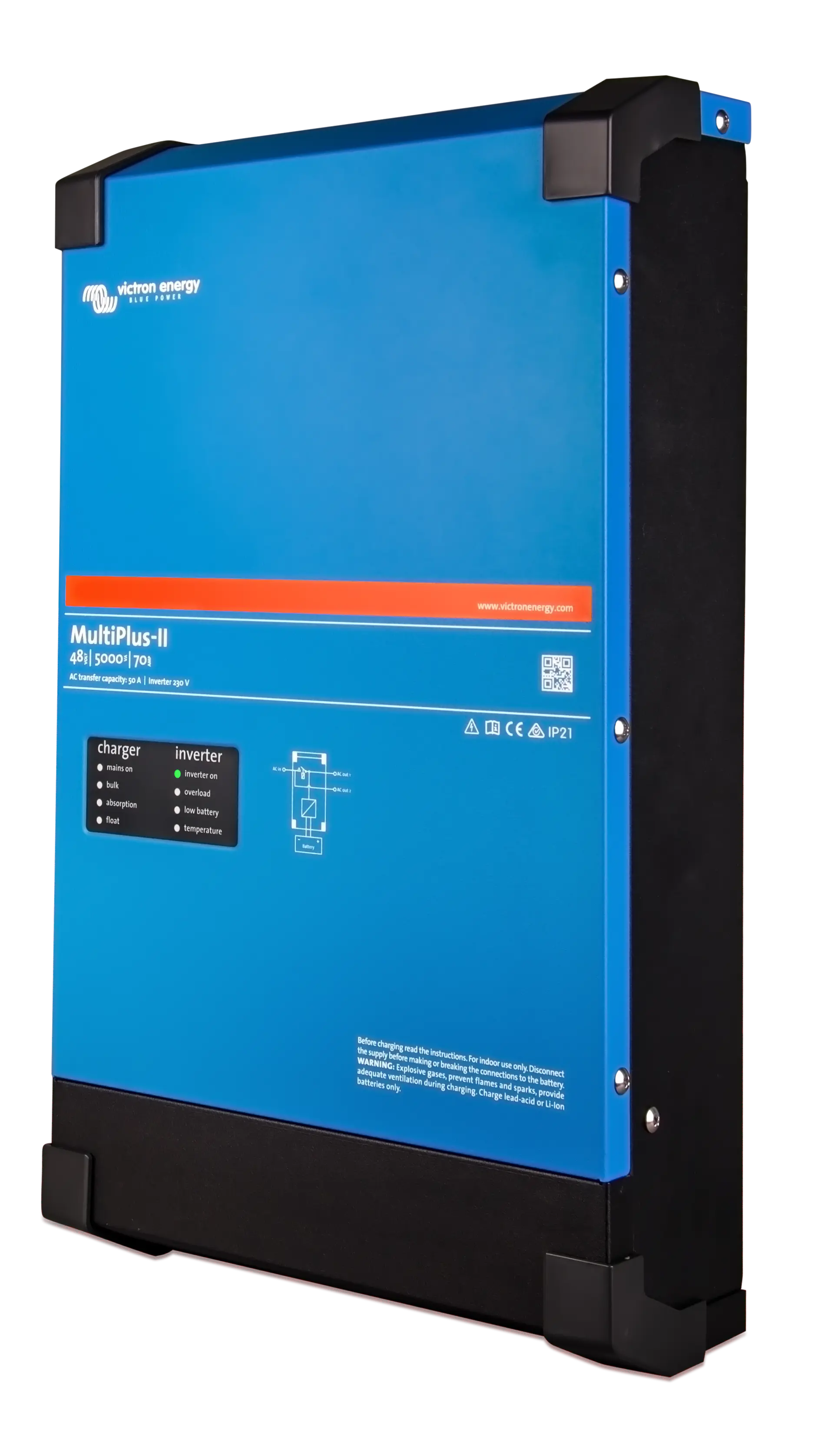 Blue and black power converter with Victron Energy branding on a white background