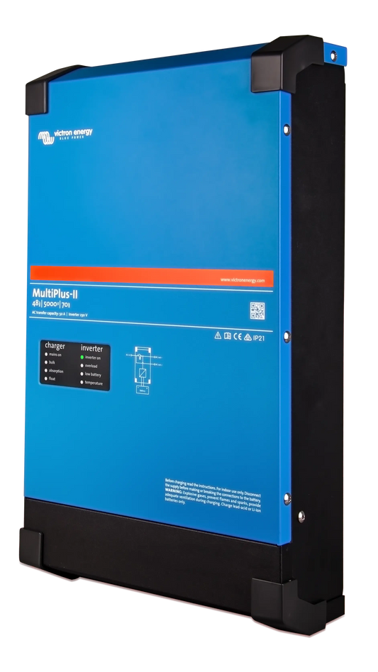 Blue and black power converter with Victron Energy branding on a white background