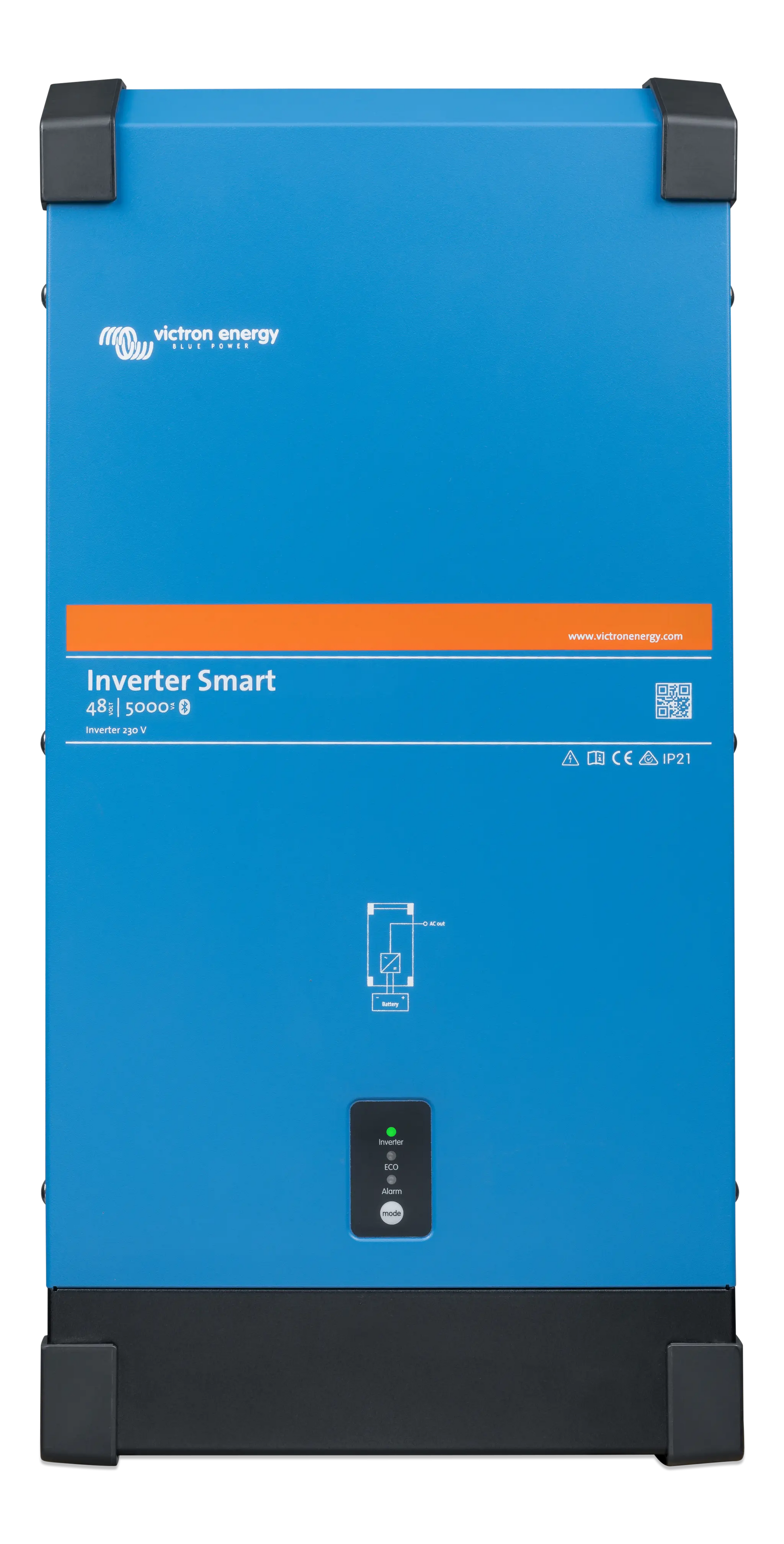 Blue inverter with black accents and Victron Energy branding on a white background