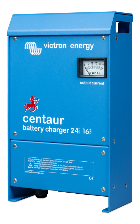 Blue Victron Energy Centaur battery charger on a white background