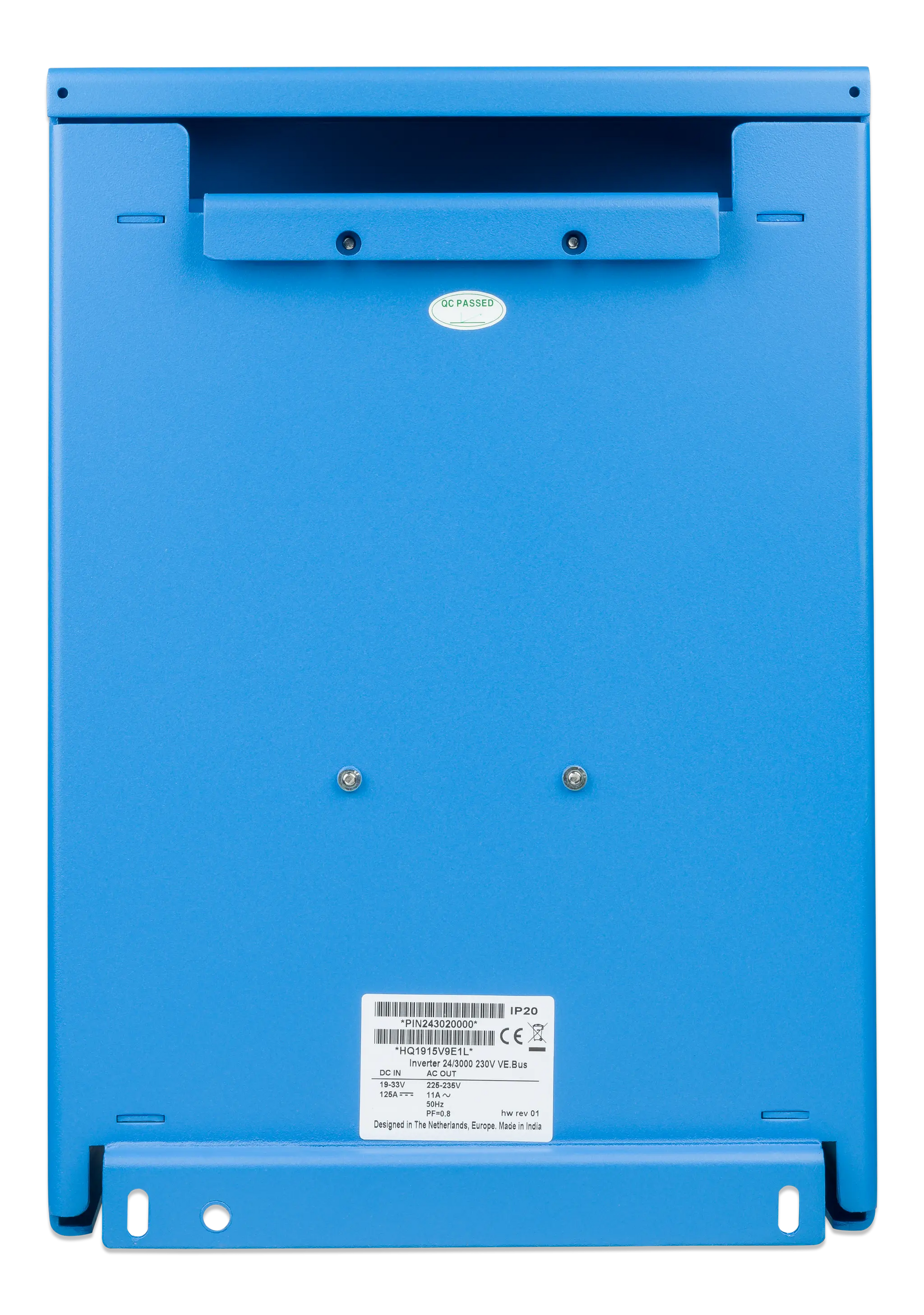 Blue electronic device with visible branding and labels on a white background