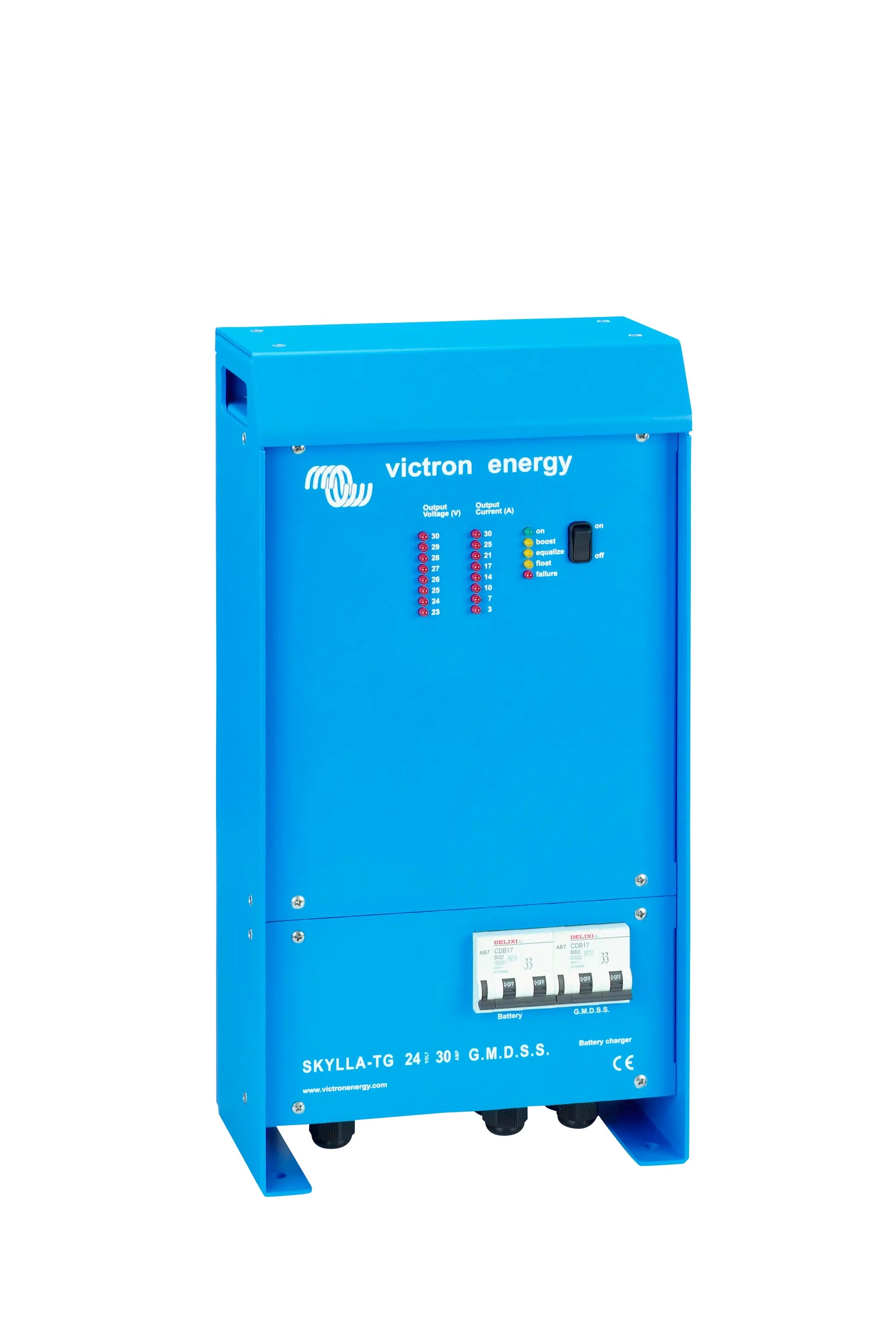Blue Victron Energy power conditioner on a white background