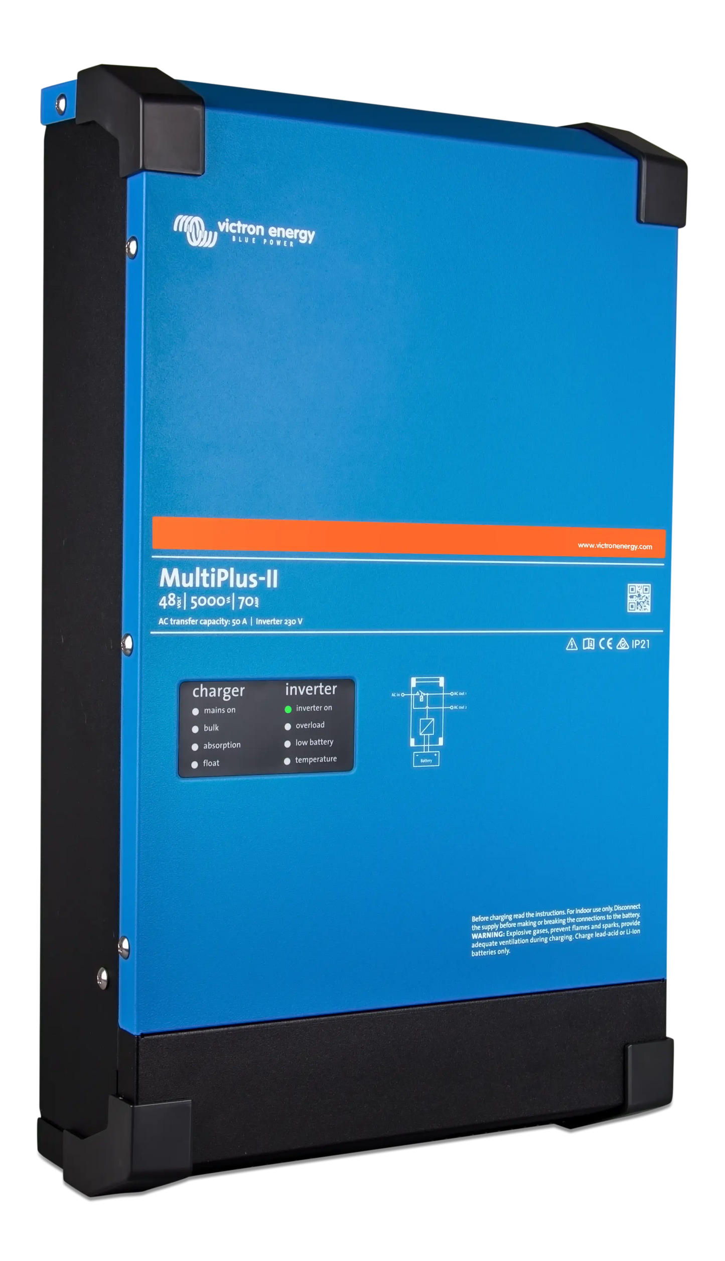 Blue and black power converter with Victron Energy branding on a white background