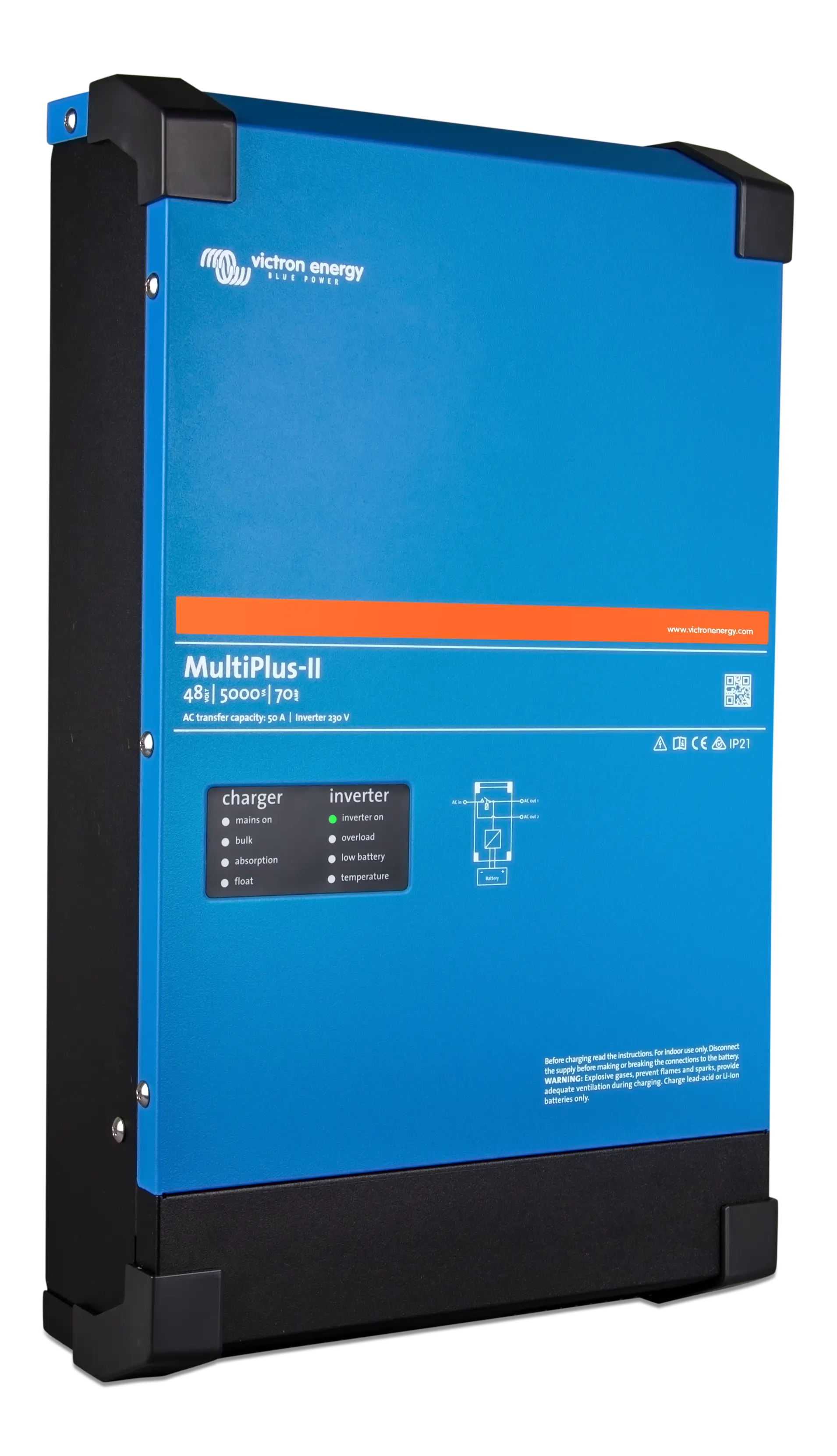 Blue and black power converter with Victron Energy branding on a white background