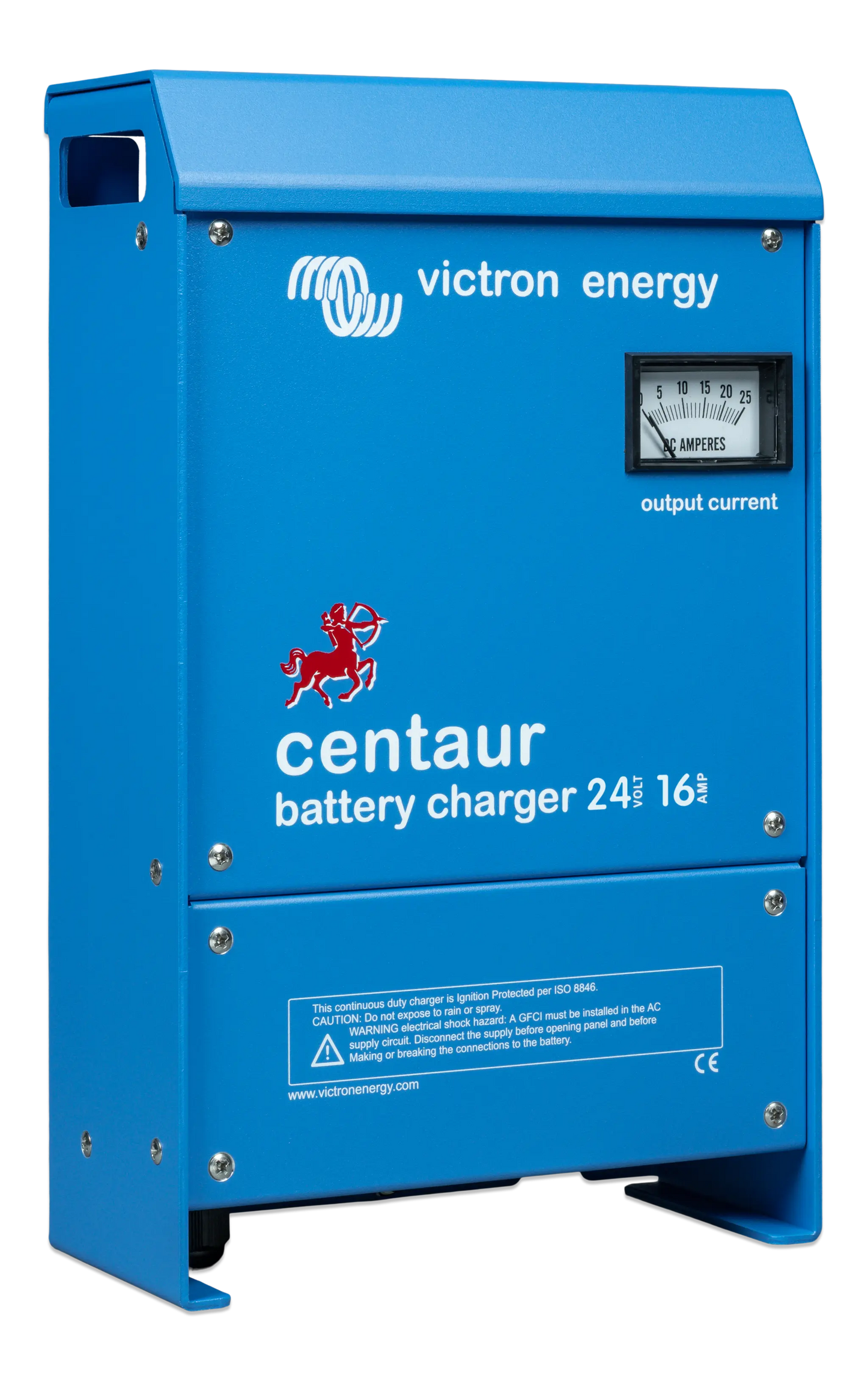 Blue battery charger with Victron Energy branding on a white background