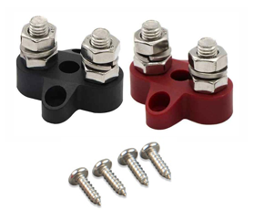 Two electrical terminal blocks with screws on a white background