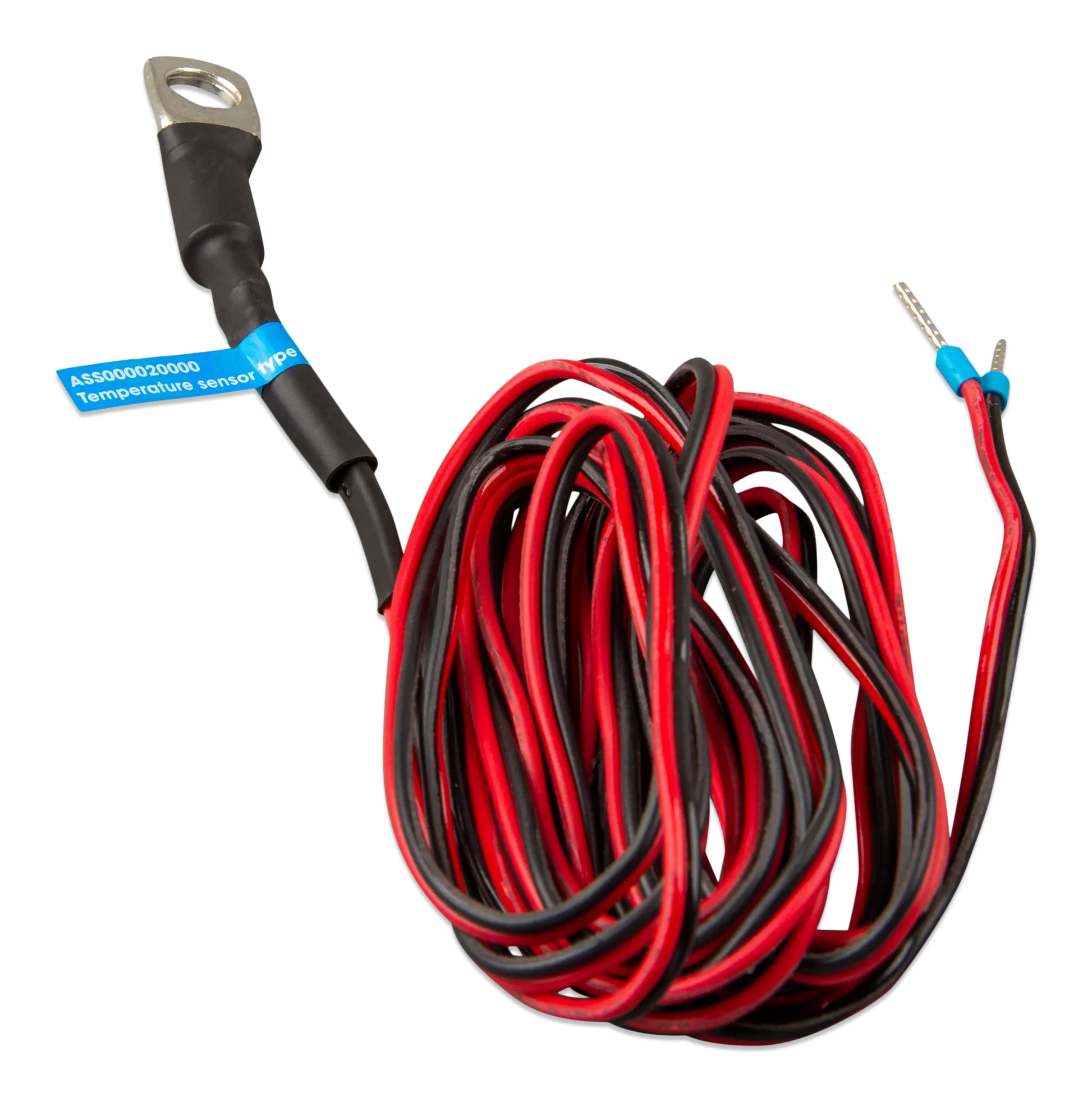 Coiled red and black wire with temperature sensor connector on a white background