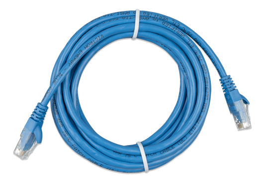 Blue Ethernet cable coiled on a white background