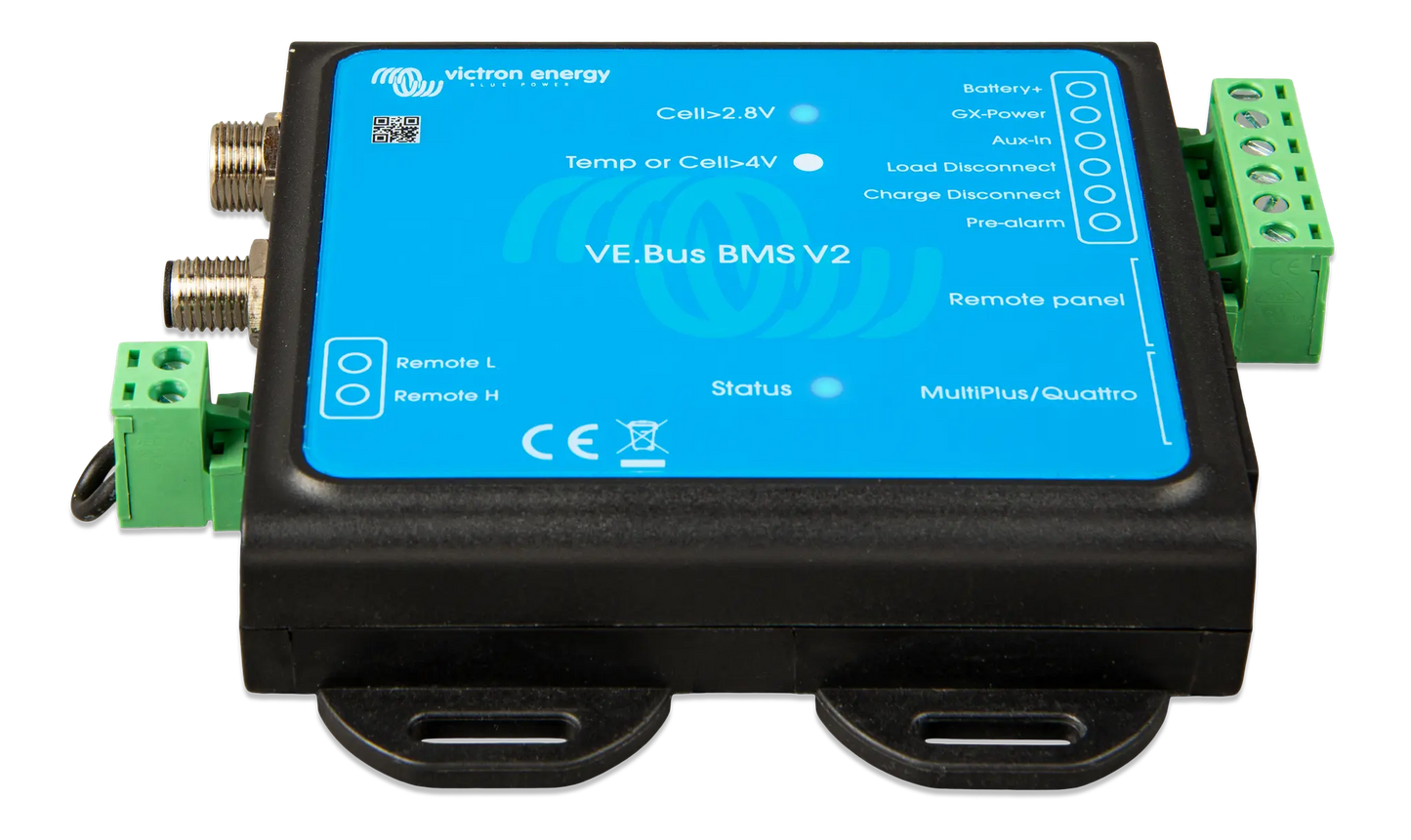 VE Bus BMS V2 electronic device with a blue display on a white background
