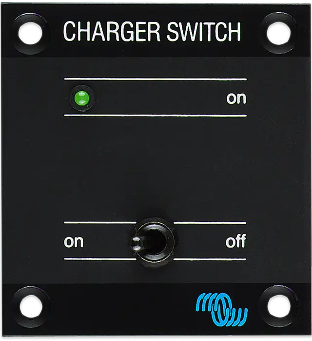Black charger switch panel with green indicator light and switch labels