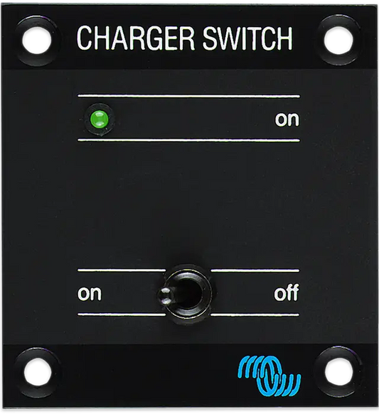 Black charger switch panel with green indicator light and switch labels