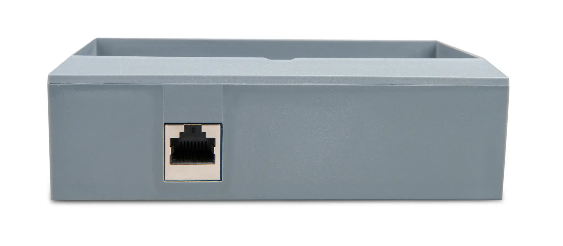 Gray electronic component with Ethernet port on a white background