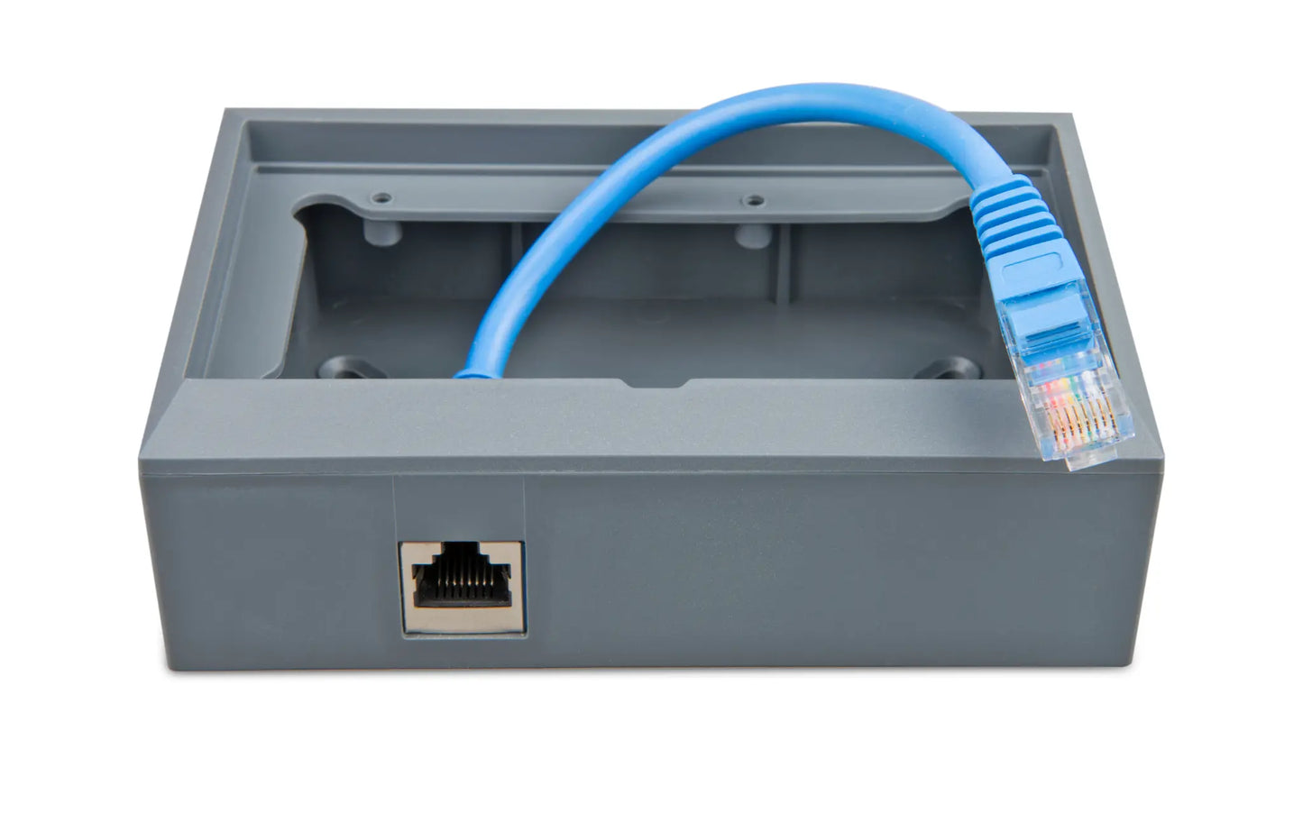 Gray electrical box with blue Ethernet cable and connector on a white background