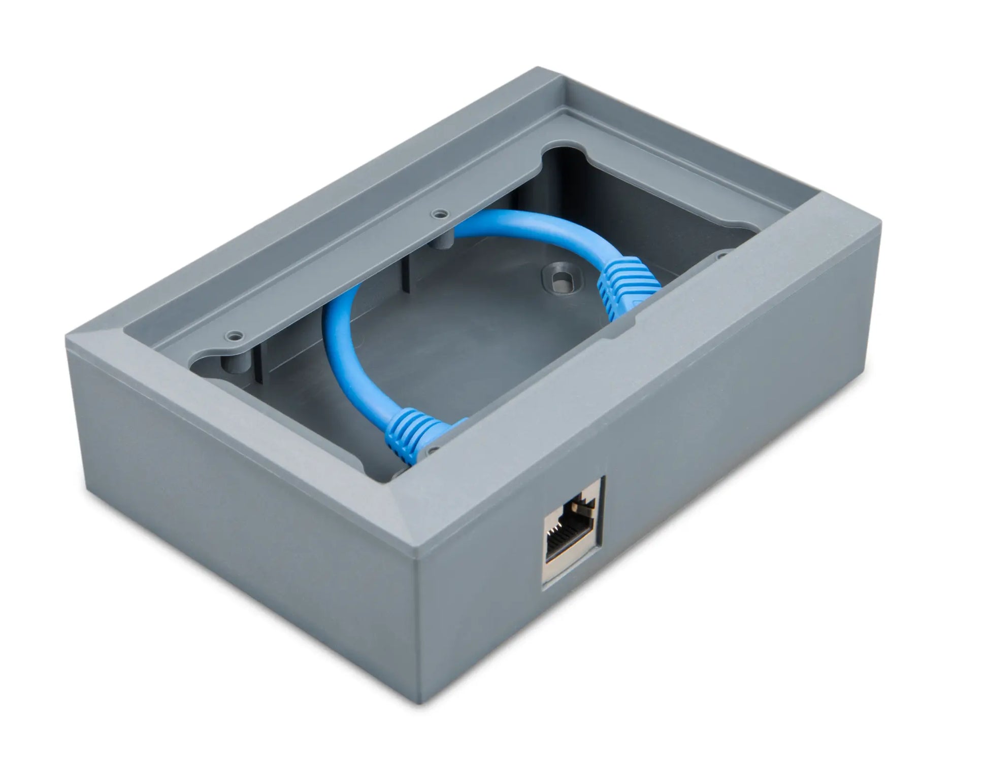 Gray wall plate with blue Ethernet cable and RJ45 connector on a white background