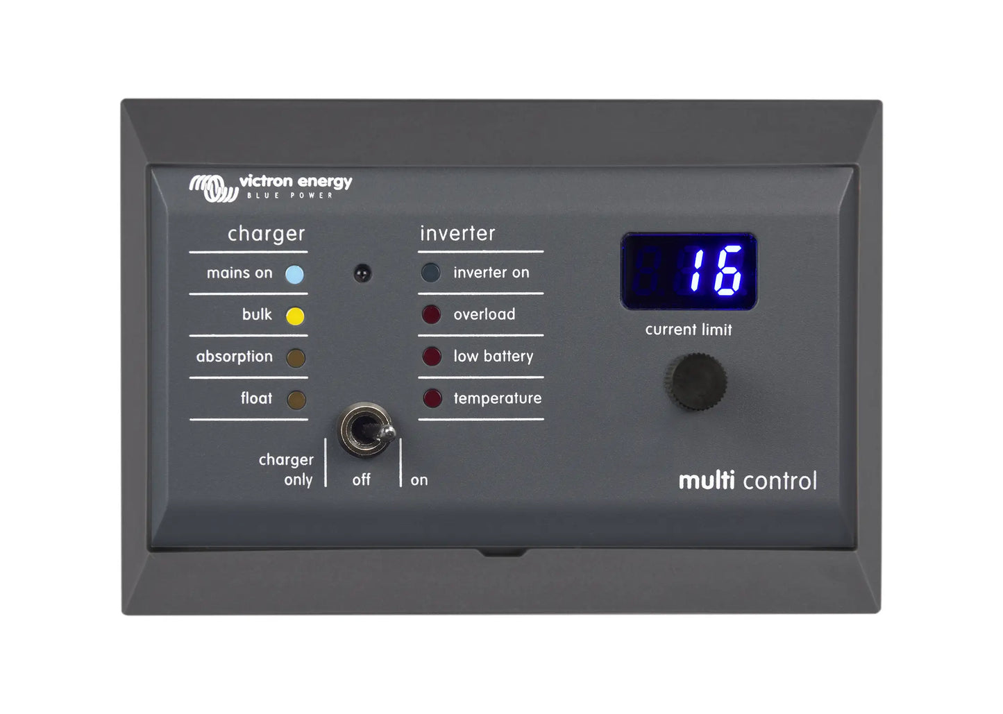 Victron Energy multi control panel with digital display on a white background