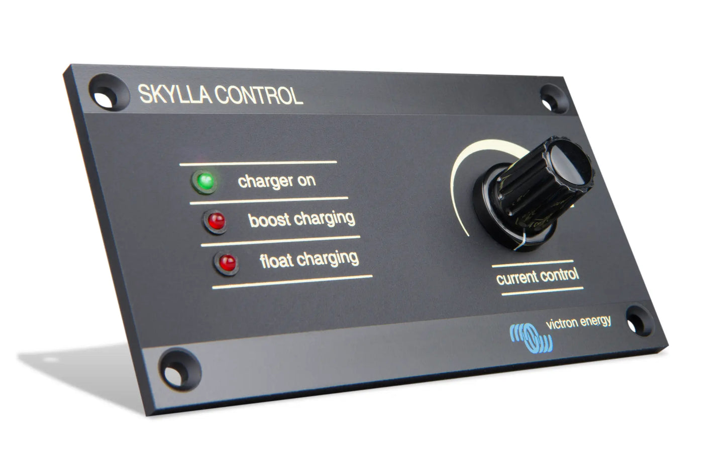 SKYLLA CONTROL panel with indicator lights and a knob on a white background