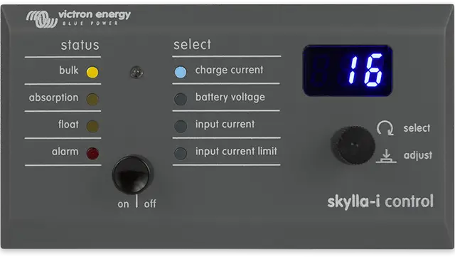  Victron Energy skylla-i control panel with digital display and buttons.