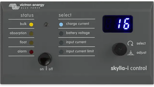  Victron Energy skylla-i control panel with digital display and buttons.