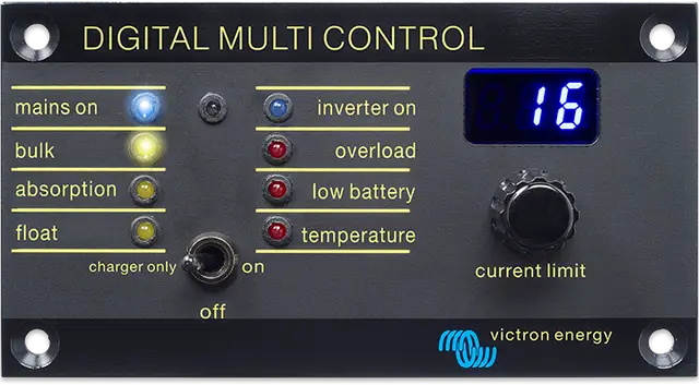 Digital multi control panel with various indicators and a display, branded with Victron Energy.
