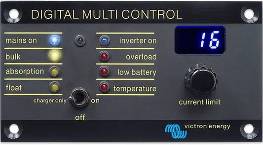 Digital multi control panel with various indicators and a display, branded with Victron Energy.