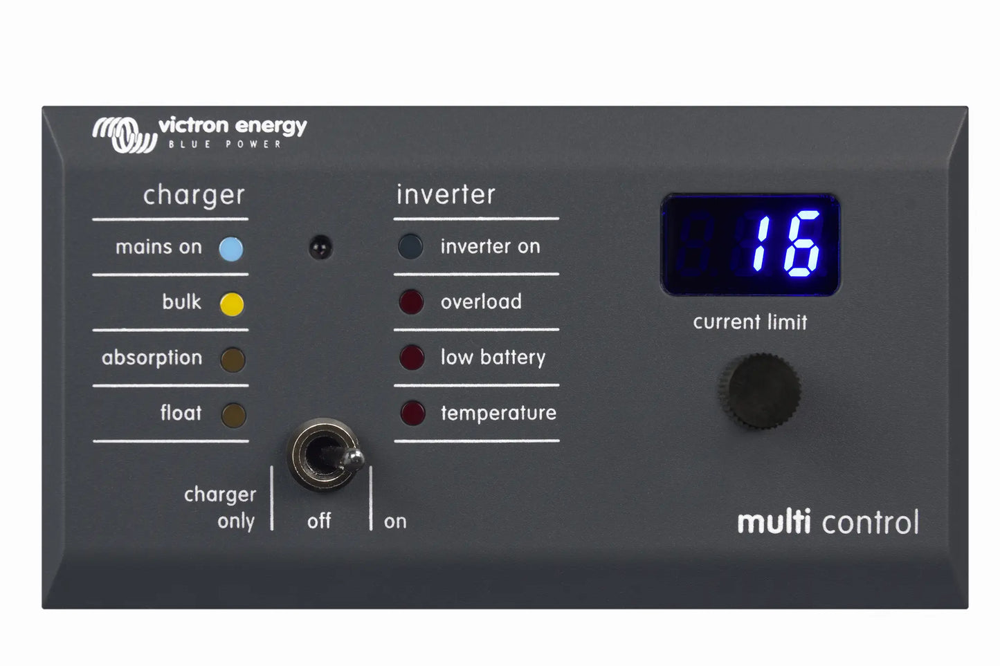 Victron Energy multi control panel with digital display and buttons on a white background