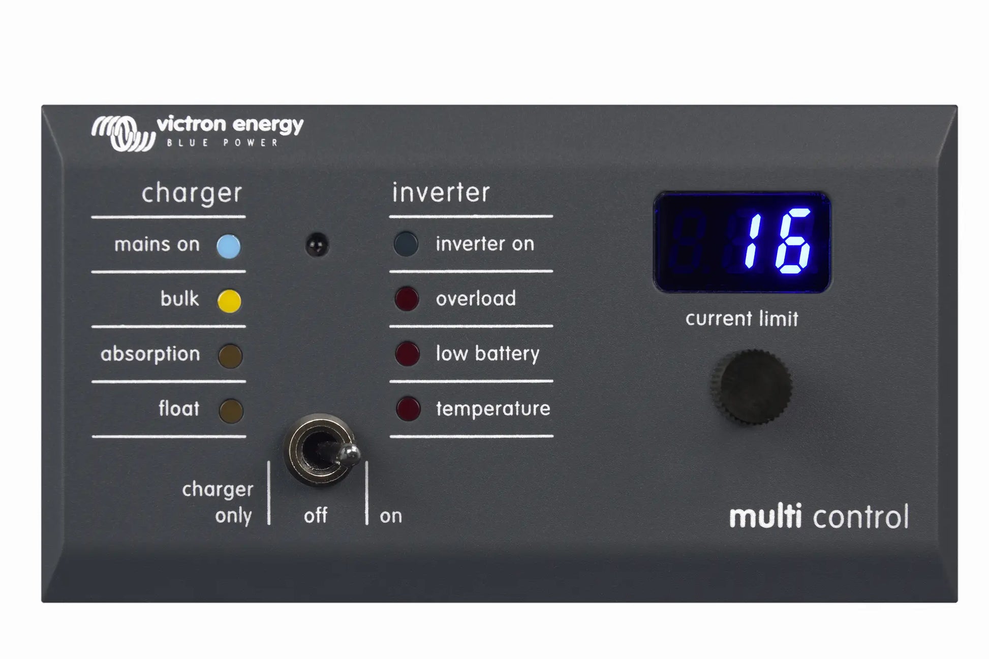 Victron Energy multi control panel with digital display and buttons on a white background