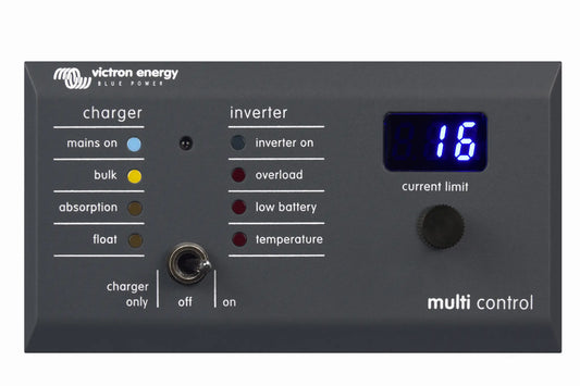 Victron Energy multi control panel with digital display and buttons on a white background