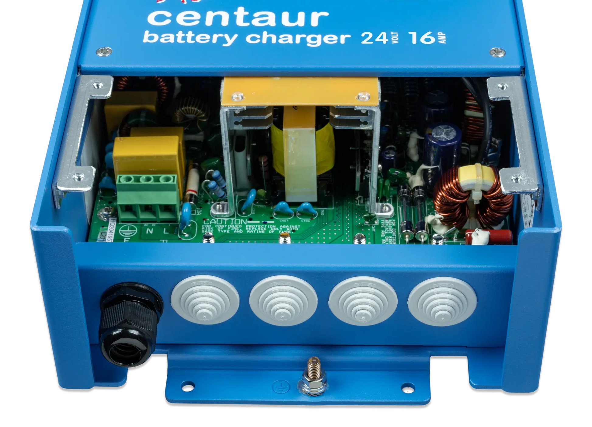 Blue battery charger with visible branding on a white background