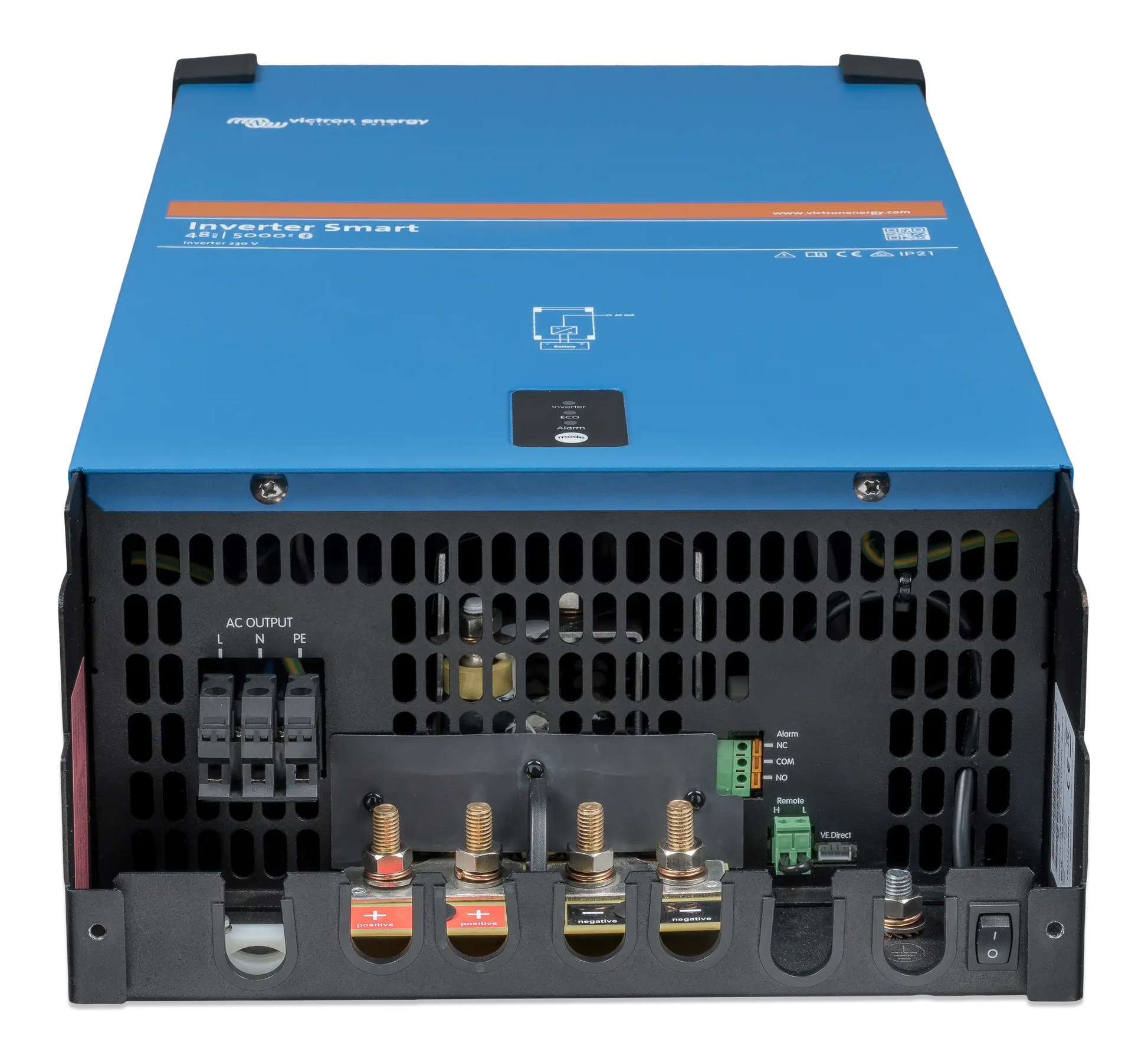 Back view of a blue and black power inverter with visible branding on a white background