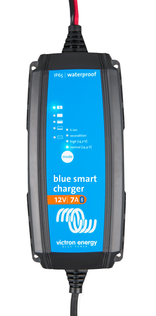 Blue smart charger with Victron Energy branding on a white background