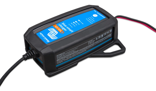 Battery charger with blue label on a white background