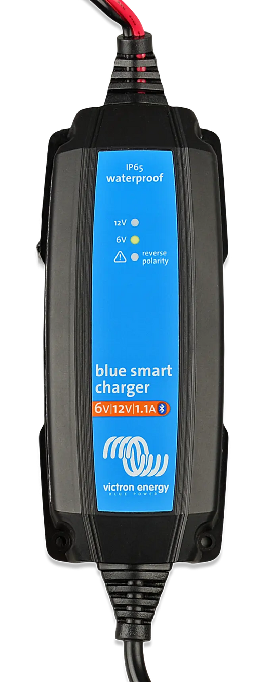 Victron blue smart charger with a blue display on a white background