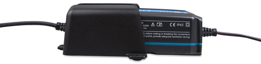 Black electronic device with cables on a white background